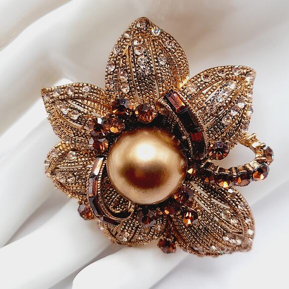 Vintage BJ Rhinestone Faux Pearl Flower Brooch or Pendant - 2 1/4 Inches - Picture 3 of 10